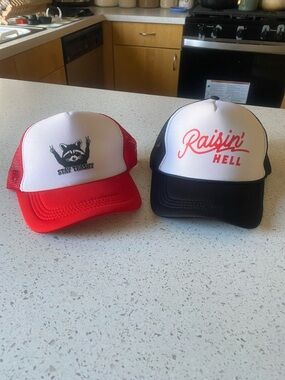 Raisin' Hell & Stay Trash Truckers - Red/Black Mesh Caps